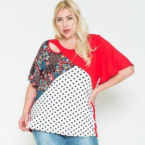 Plus Size Red Polka Dot & Floral Color Block Summer Top